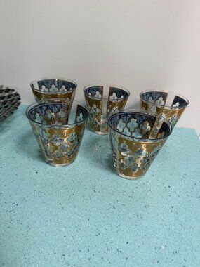 Culver Set of 5 MCM Seville 22K Gold Lattice Cocktail Glass Blue Vintage Rare